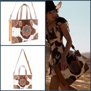Western Tote Bag Tooled Leather and Hairon Leather Concealed Carry